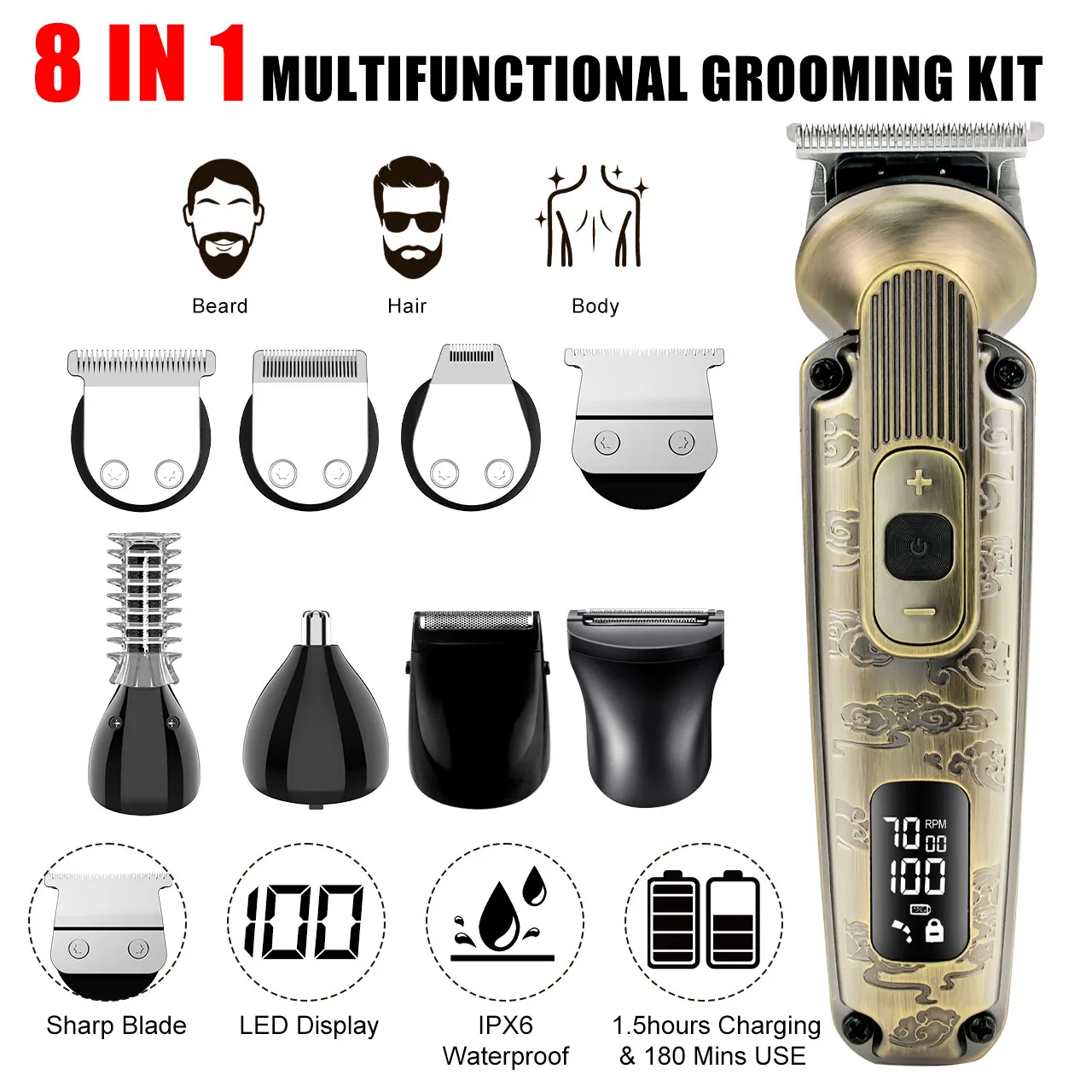 Hatteker 8-in-1 Professional Cordless Beard Trimmer Electric Hair Cutting Machine USB Rechargeable Barber Tool for Men