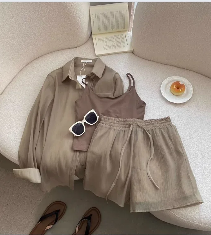 Women's 3Pcs Clothing Sets With Sun Protection Shirt Top+Slim Fit Camisole+Loose High Waisted Shorts Summer Casual Solid Suit