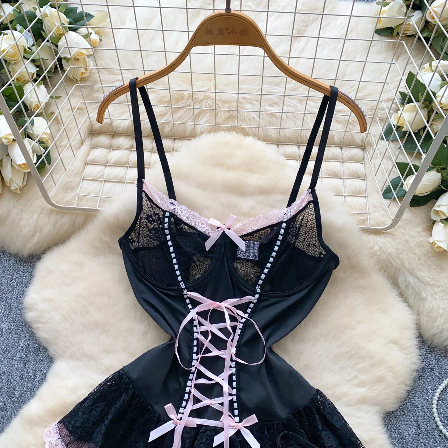 Hotsweet Lace Lingerie Sexy Nightwear Women Strap Lace Up Backless Shapewear Bodysuits Erotic Porn Pajamas 2pcs Suits