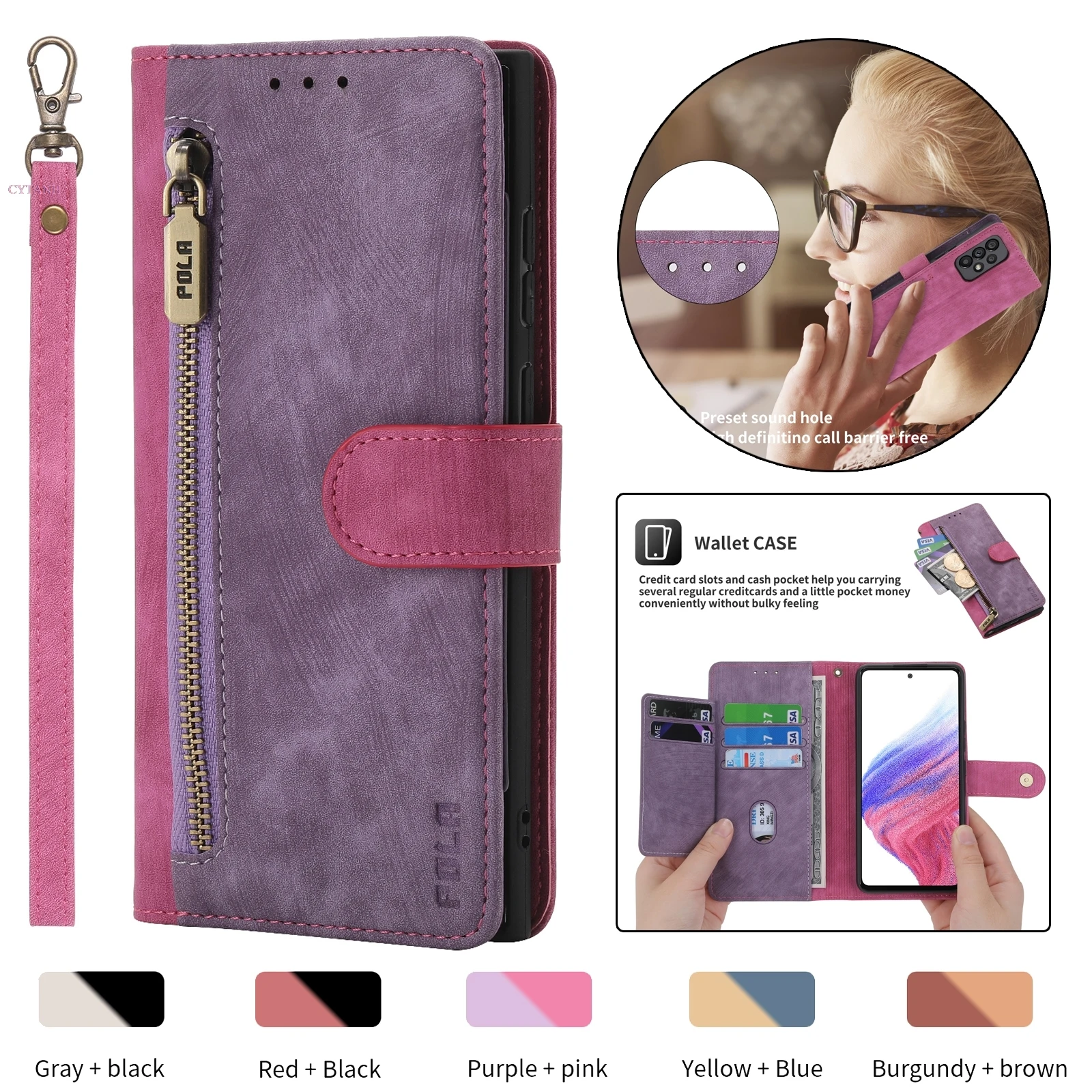 Lanyard Two-Color Flip Leather Case for iPhone 14 13 12 11 Pro Max SE 2022 X XS XR 8 7 Plus Zipper Wallet Card Phone Cover Coque