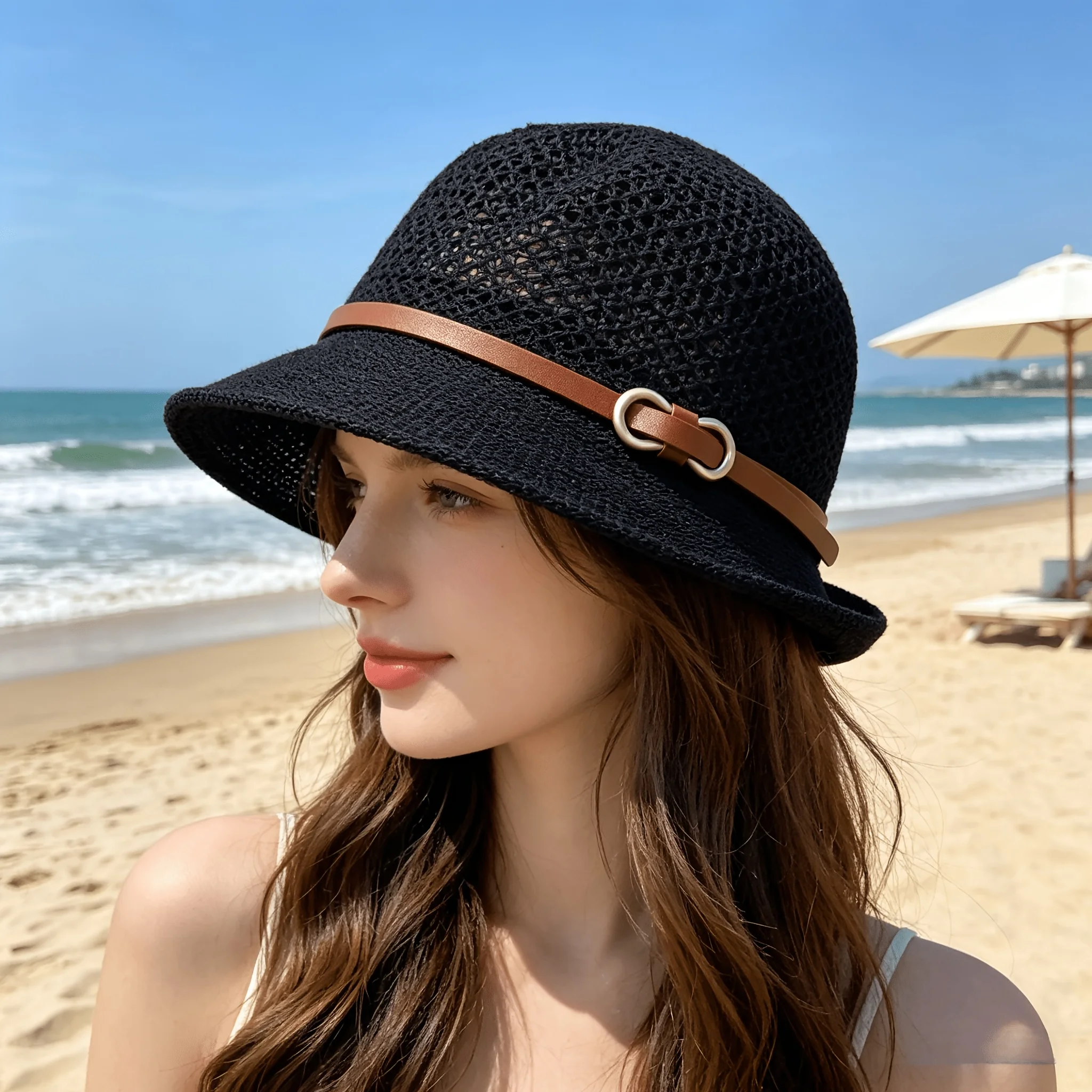 Elegant women's beach straw hat with belt embellishment - breathable openwork sun hat summer travel vacation bucket hat