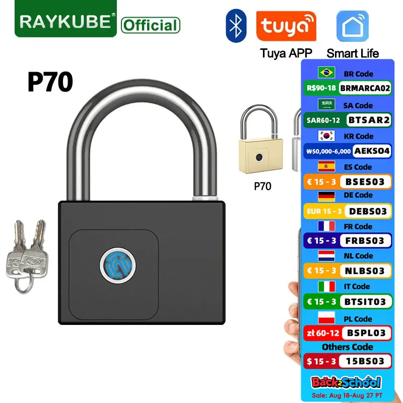 

RAYKUBE P70 Tuya BLE Умный замок с отпечатками пальцев Водонепроницаемый пульт дистанционного управления Разблокировка ключа для зарядки через USB Разблокировка противоугонного замка двери шкафа