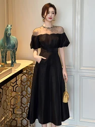 Elegant Luxury Evening Dress Women Clothes Fashion Mesh Sheer Sexy Bubble Sleeve Long Robe Female Birthday Party Prom Vestidos