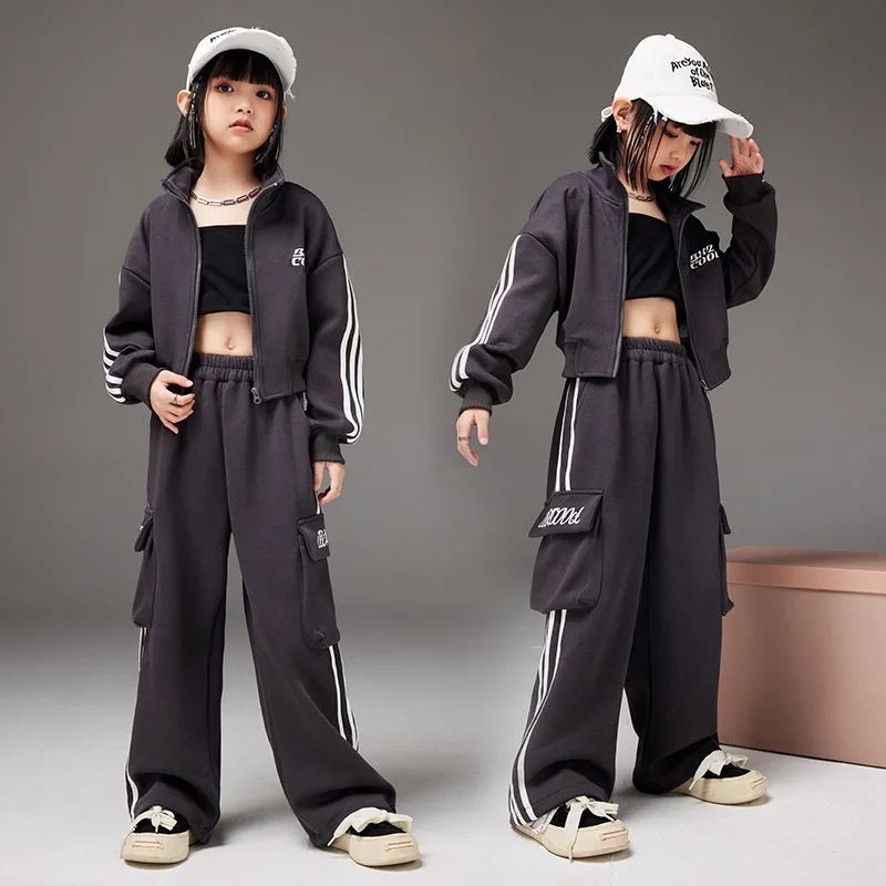 Girls Autumn Tracksuit Crop Coat Pants Hip Hop 2pcs Sets Korean Spring 4-16 Years Children Streetwear Outfits Casual Sports Suit