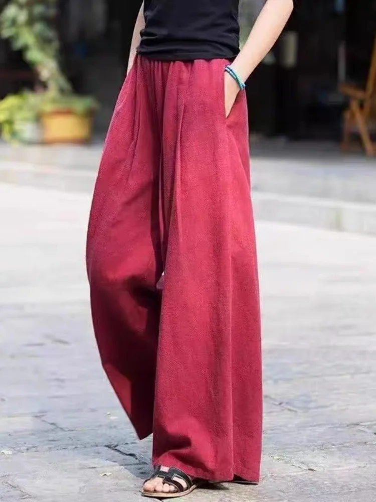 กางเกงขายาวผ้าลินินทรงหลวมสำหรับผู้หญิง ใส่สบายในฤดูร้อน ทรงกระโปรงยาวแบบหลวม ไซส์ใหญ่ ใส่สบายๆ สไตล์ลำลอง ยามาน กางเกงขายาวทันสมัย