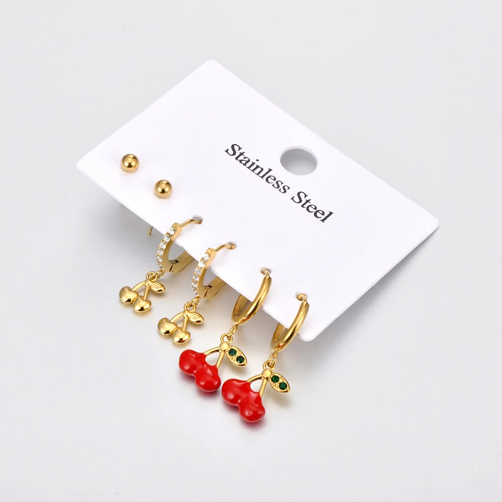 Lokaer 3 Paar/Packung Mode Kirsche Ohrringe Rote Kirsche Obst Huggie Ohrringe Vergoldet Edelstahl Tropf Öl Schmuck E25077
