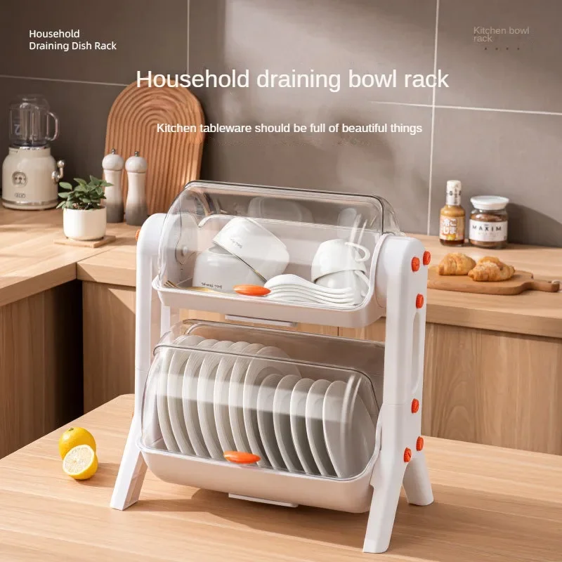 Household Layered Kitchen Double Cupboard Chopsticks Storage Box Plastic with Lid Plate Drain Bowl Rack Shelf