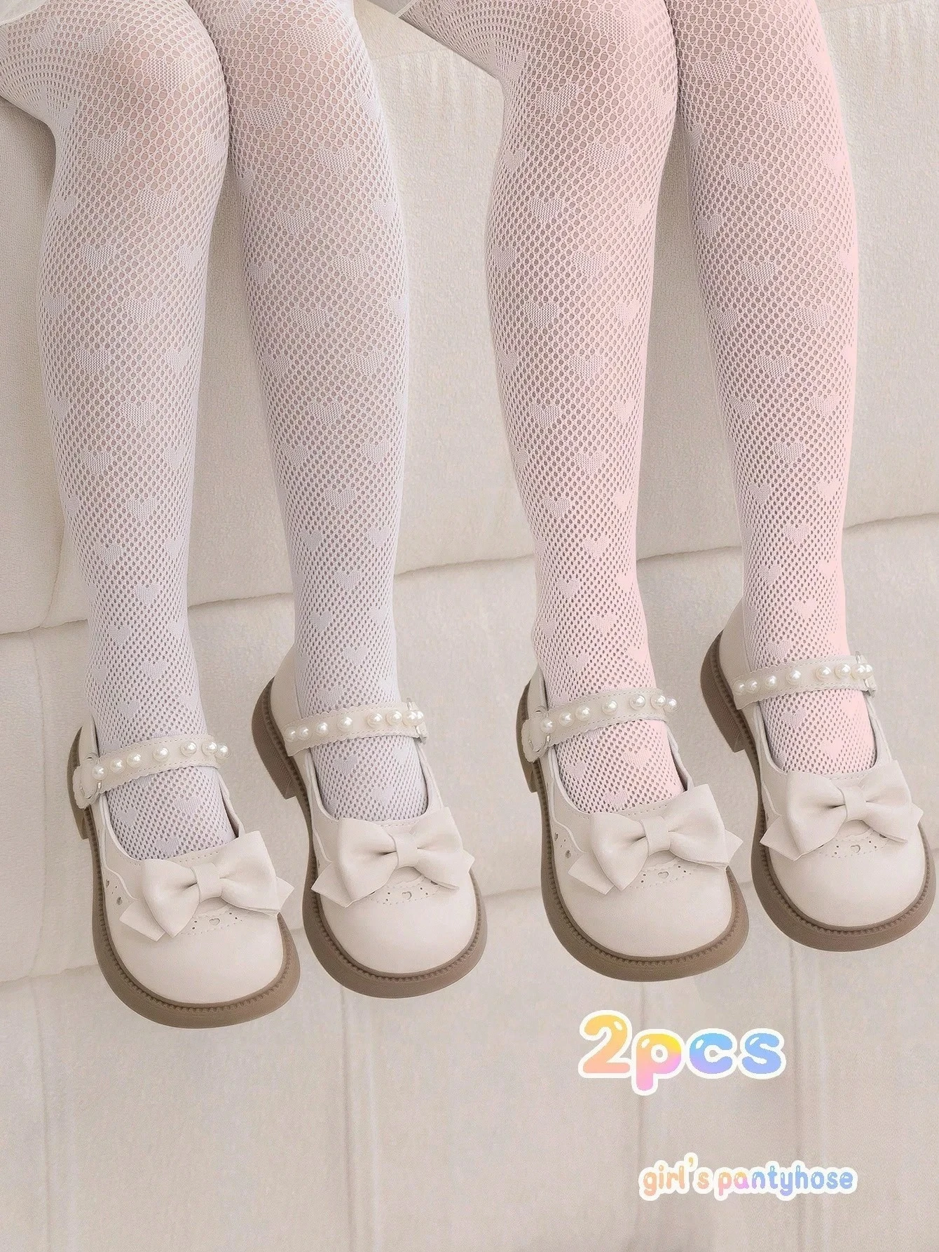 2 Pairs of Girls' Heart-Patterned Mesh Pantyhoses,Soft and Breathable Kids Party Lolita Stockings Elastic Childrens Dance Tights