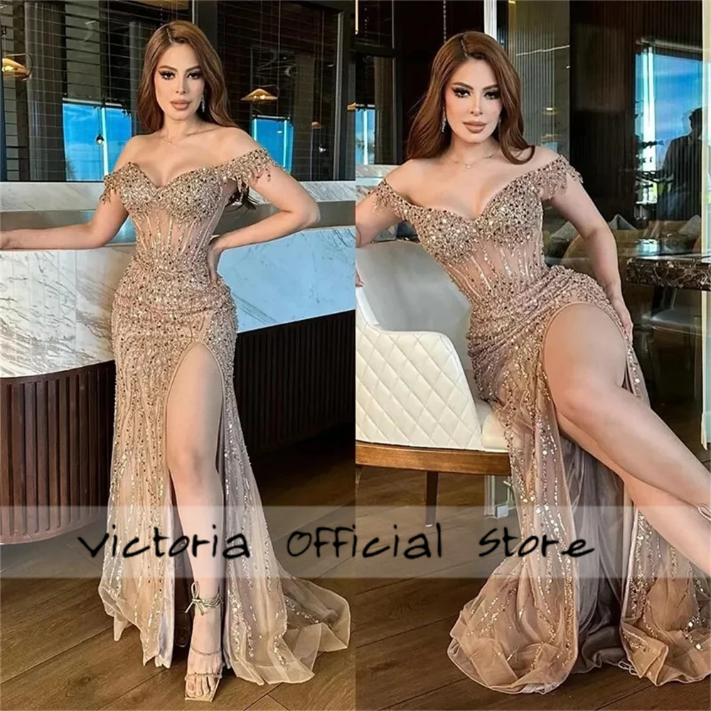 Sparkly Off The Shoulder Dubai Evening Dresses For Special Events Beaded Rhinestones Split Luxury Dresses Women 2025 Customized