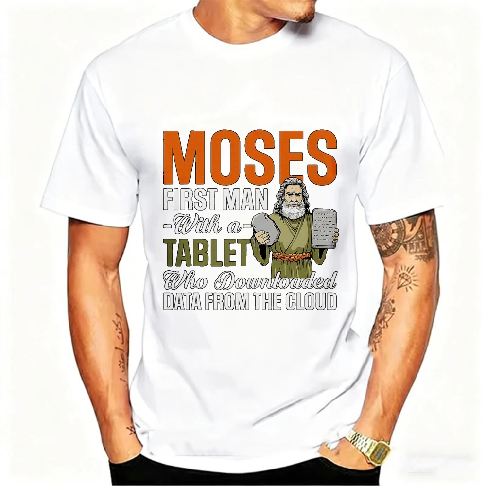 Funny Moses First Man with A Tablet Downloaded Data From The Cloud Graphic Men T‑Shirt Humor Sarcasm Short Sleeve Casual Tee