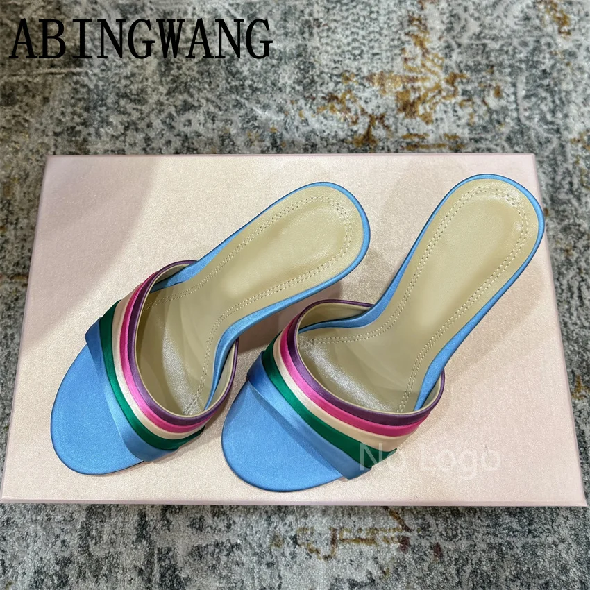2026 Summer New Satin Thin High Heel Slippers Women Slip On Open Toe Mules for Women Sexy Dress Sandals Slippers Mujer