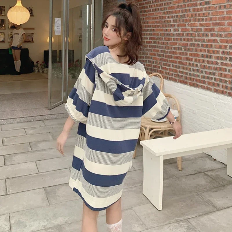 L-4XL Hooded Dresses Women Baggy Preppy Girlish Korean Fashion Clothes Fake Two Piece Sweet Kawaii Vestidos Cozy Temper Striped