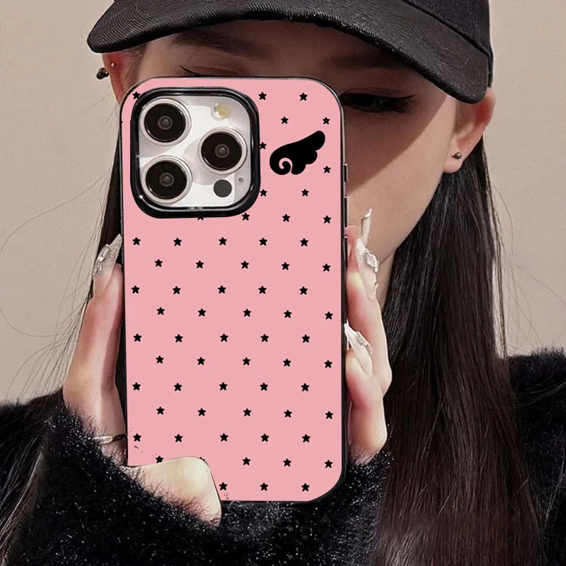 เคสโทรศัพท์ลายปีกนางฟ้าดาวน่ารักสีดำ สำหรับ iPhone 15 Pro, iPhone 16, 14 Plus, 12, 11, 17 Pro Max, 13, X, XS, XR, 7, 8 Plus
