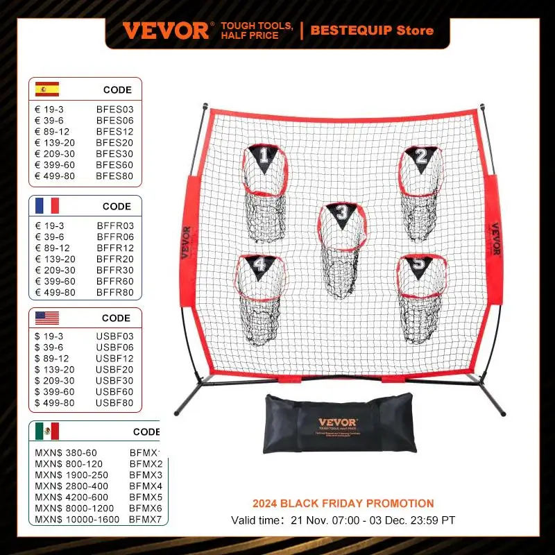 VEVOR 6/7/8FT Football Trainer Throwing Net Throwing Practice Knotless Net for Improving QB Throwing Accuracy W/5 Target Pockets