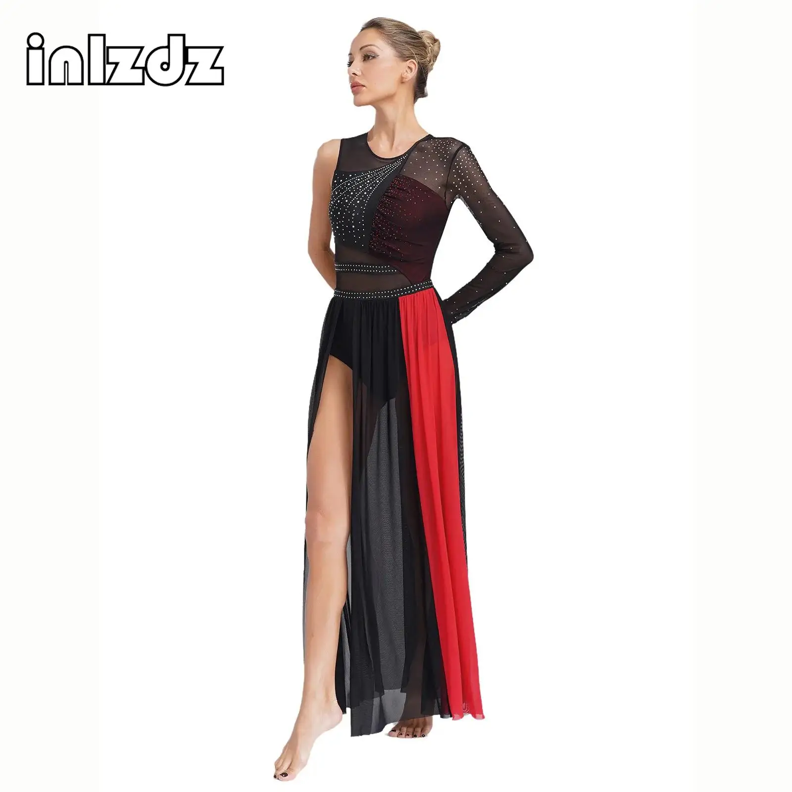 فستان رقص غنائي معاصر للنساء مرصع بأحجار الراين وفتحة جانبية فستان شبكي لأداء المسرح لحفلات الرقص على الجليد #1