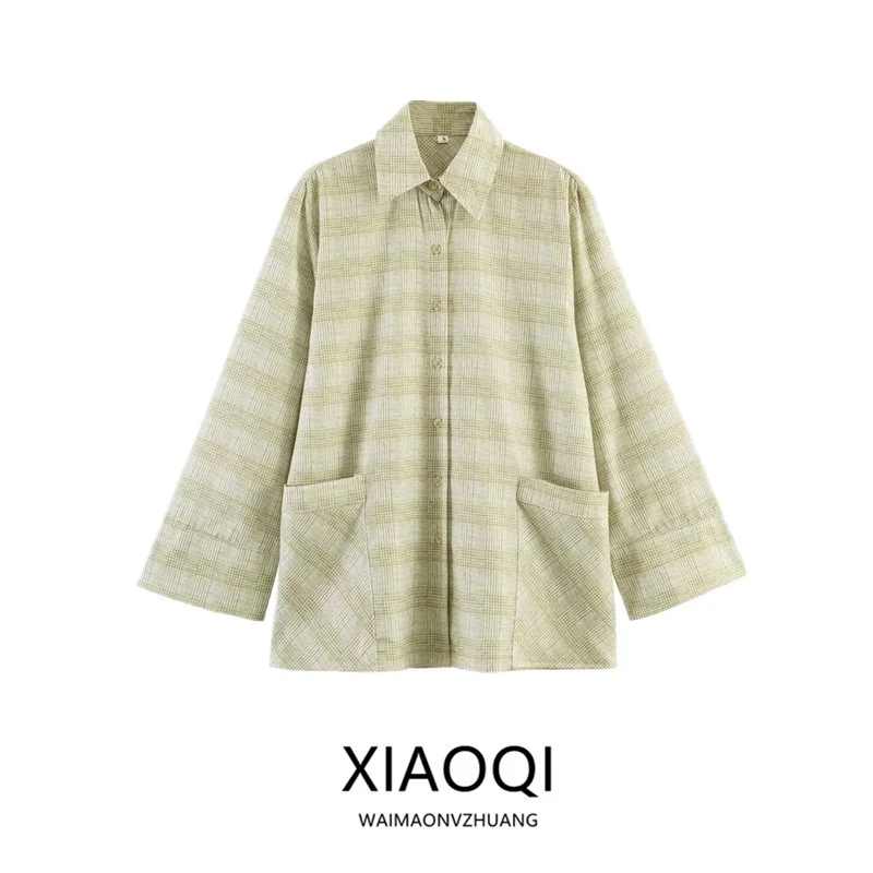 

Spring 2026 Women's Long Sleeve Plaid Linen Shirt Collared Versatile New Arrival Commute Style Loose Fit Other Material 100%