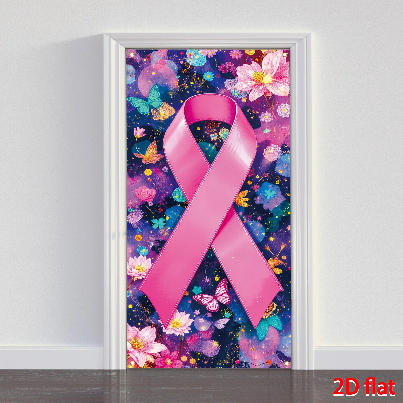 Bannière plate 2D, plaque de porte de sensibilisation au cancer du sein, design ceinture rose et contour, idéale pour les événements caritatifs et la décoration de porche