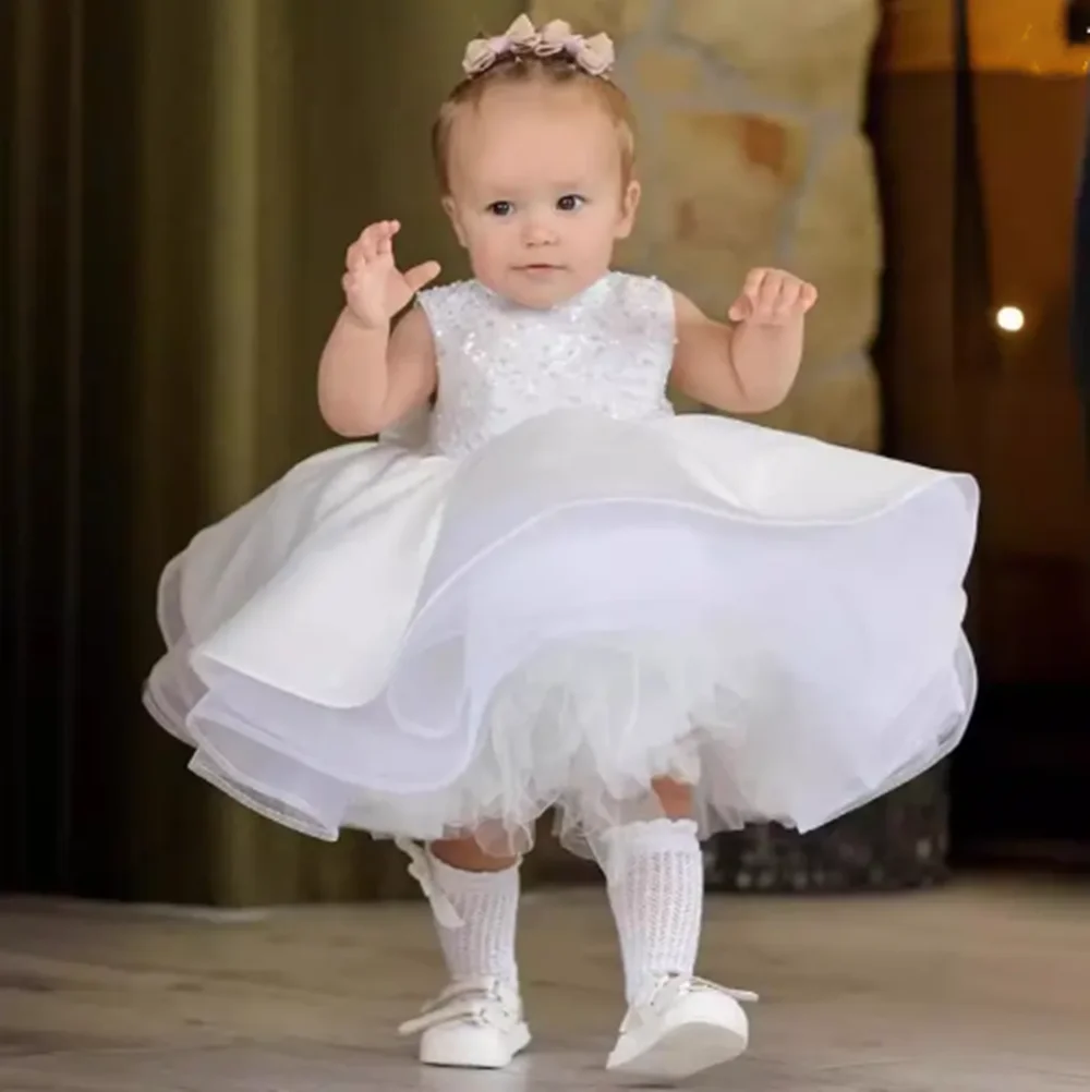 

First Birthday Dress Children's Wedding Flower Girl Sequin Princess Dress White Girl Little Host Performance Costume Wholesale