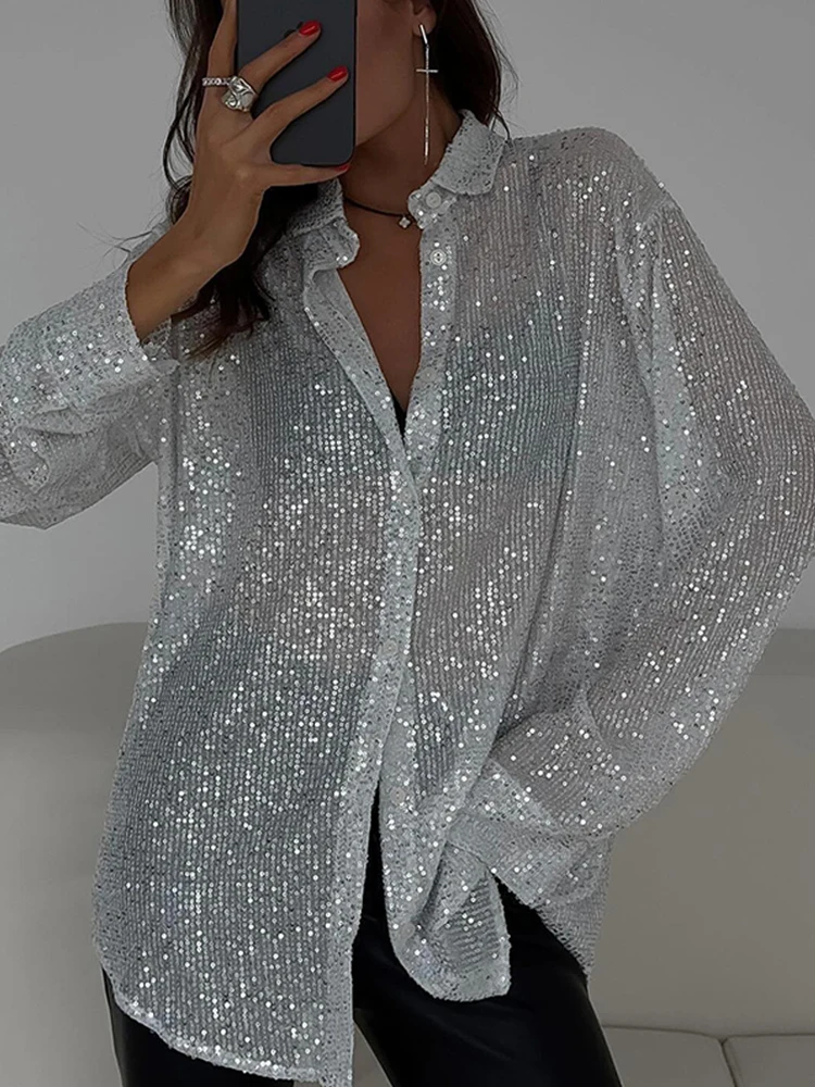 Sequin Turndown Collar Women\'s Oversize Shirt Casual Sparkle Glitter Loose Long Sleeve 2024 Spring Silver Summer Vintage Shirt