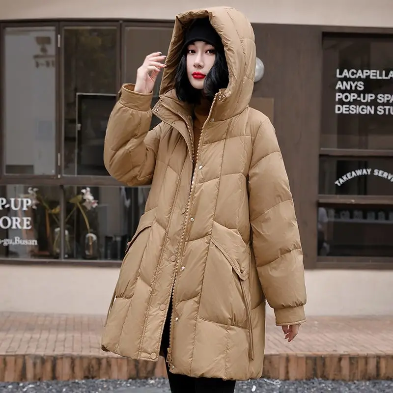 Piumino invernale da donna nuovo, ampio, antivento, con cappuccio, piumino d'anatra oversize
