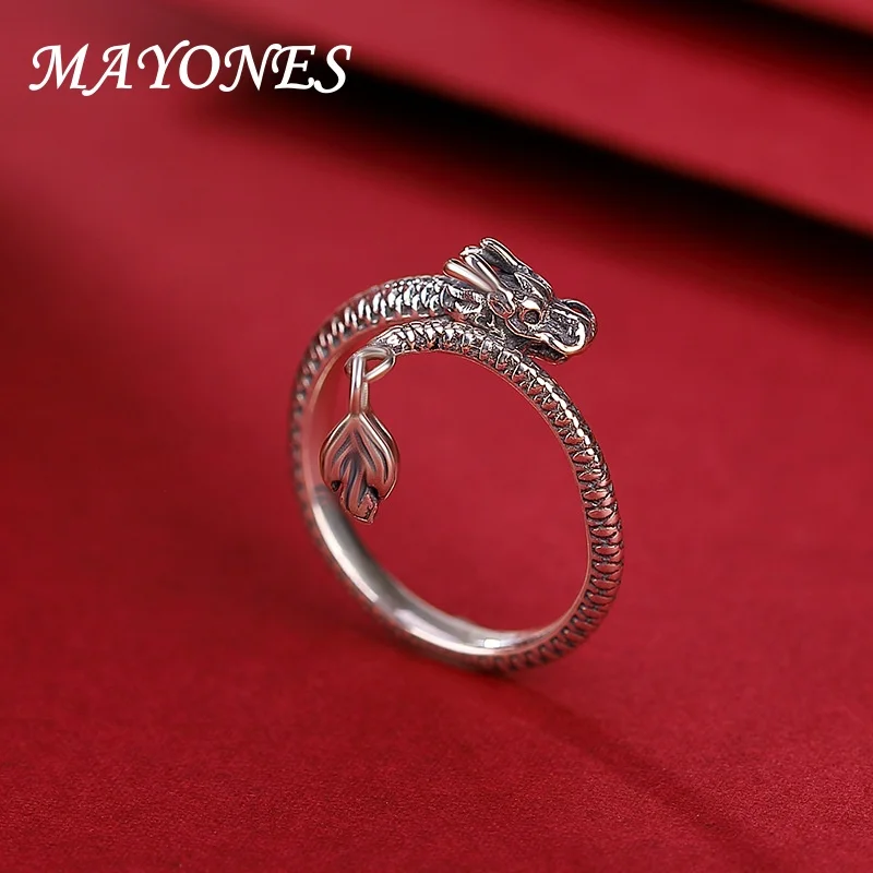 S990 Sterling Silver Ring for Women's Retro and Worn Personalized Dragon Swinging Tail Transport Ring