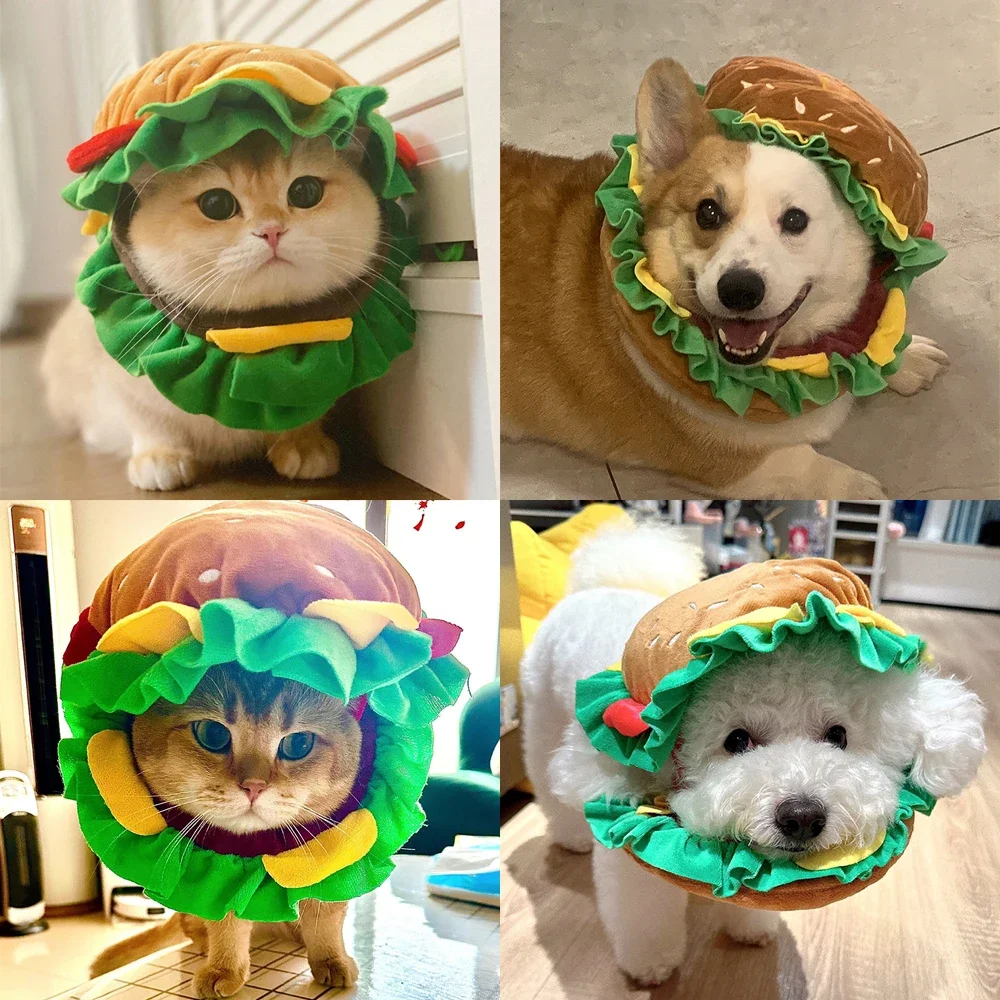 Cat Funny Cosplay Hamburger Costume for Small Large Dog Puppy Kitten Halloween Dress Up Cute Hat Festival Party Pet Accessories