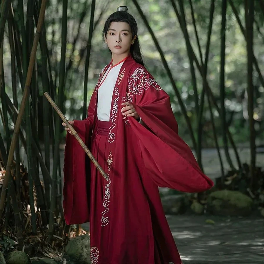 

New Men Hanfu Original Traditional Chinese Swordsman Clothing Ancient Weijin Dynasty Cosplay Costume redand bule Hanfu Dress Set