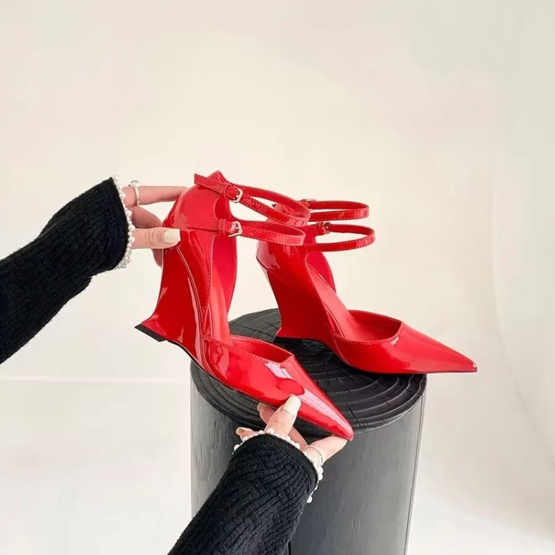 Red Pointed Sandals with Wedge Heeled Women's 2024 Summer New Leather High Heeled Shoes Elegant Shoes for Women 2024