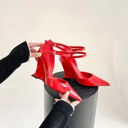 Sandalias puntiagudas rojas con tacón de cuña para mujer, zapatos de tacón alto de cuero, elegantes, 2024