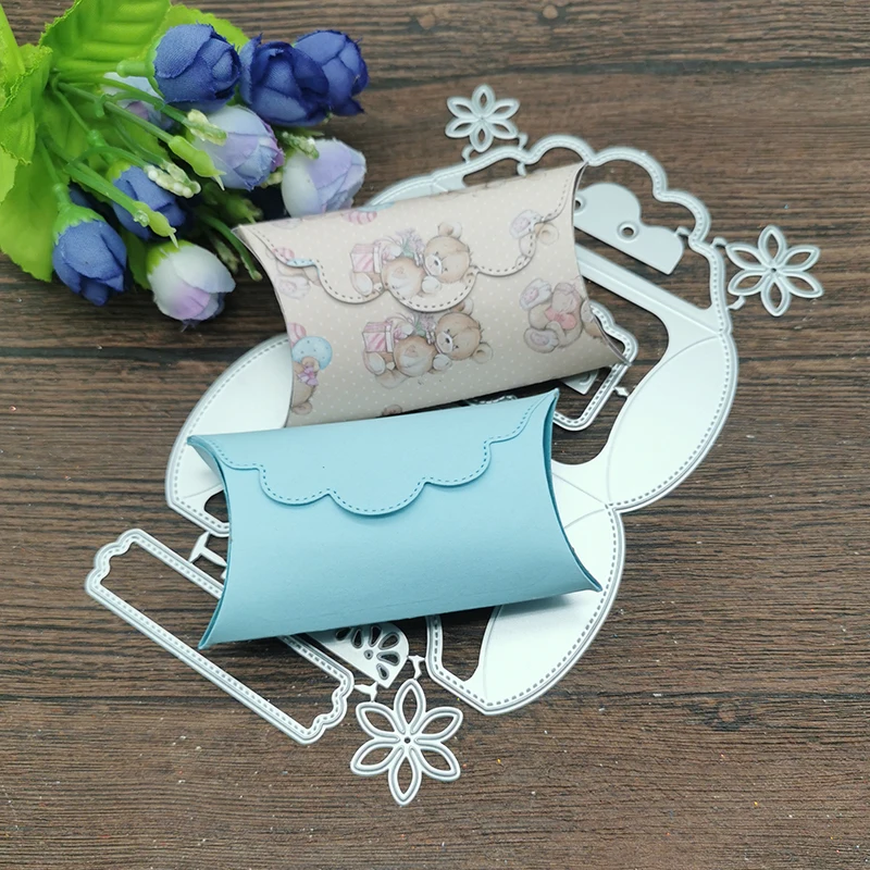 3D Pillow Gift Box Metal Cutting Dies With Little Tags Labels Flowers Diecut for Small Treats or Gifts Wedding Box 2021 New