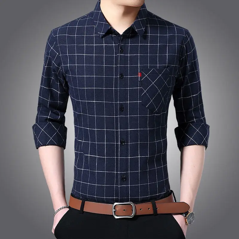 

Fashion Men Long Sleeve Cotton Plaid Shirts Spring Autumn New Korean Male Clothes Pocket Loose Streetwear Casual Business Tops