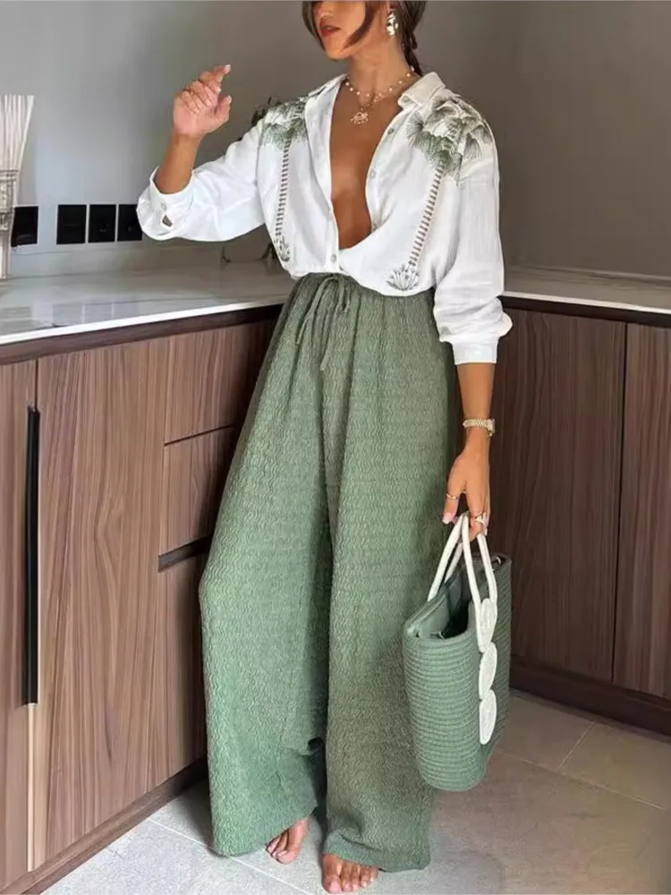 

Fashion Lapel Single-breasted Shirt Top + Wide-leg Pants 2-piece Set For Women Autumn Elegant Printing Loose Office Suit Female