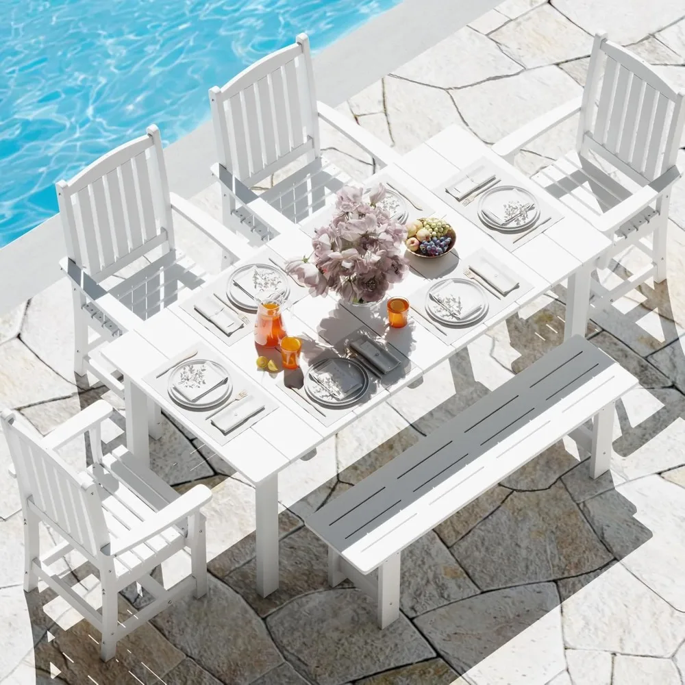 

HDPE Outdoor Dining Table Set of 6, 71" L Patio Dining Furniture with 4 Chairs & 1 Bench, Modern Cut-Out Dining Table Set, Chair