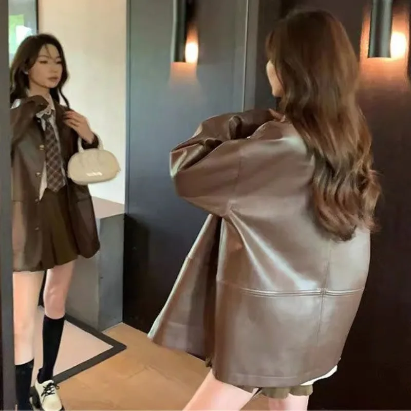 Xiaoxiangfeng Faux Leather Coat Women's Spring Autumn 2024 New Korean Retro Long Sleeved Overcoat Loose Slim PU Leather Coat