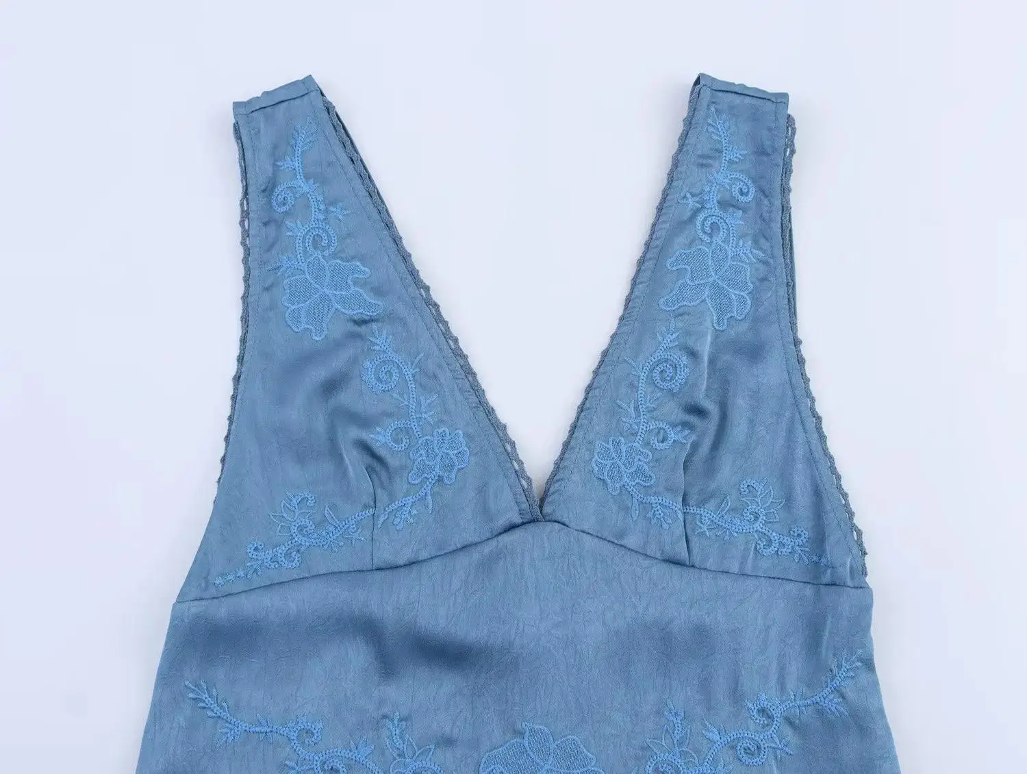 Vestido longo feminino bordado floral com decote em V sem mangas verão azul vestidos casuais