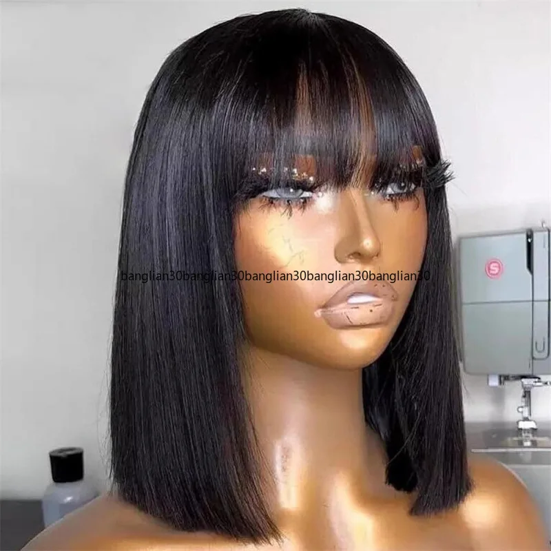 Short Bob Wig with Bangs Brazilian Straight Human Hair
