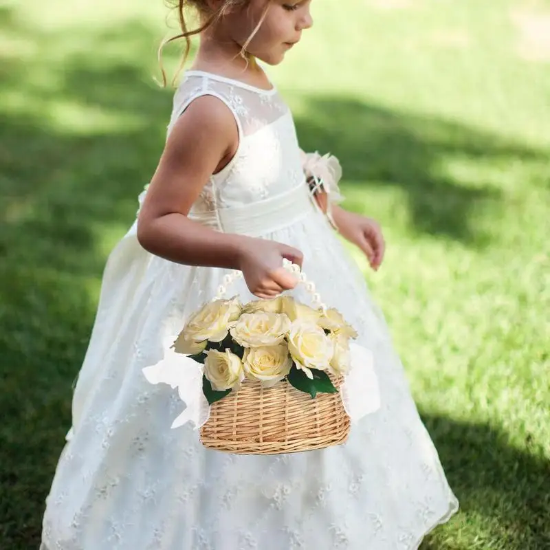 Wedding Flower Girl Basket Pearl Handle Bowknot Flower Basket Fairy Romantic Rattan Woven Flower Basket For Wedding Card Flowers