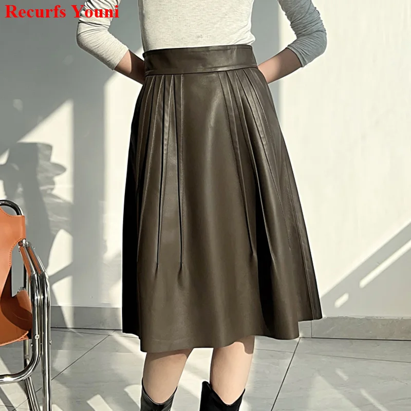 Women Leather Skirts 2024 Winter High-End Heartthrob Italian High-Quality Sheepskin Folded Faldas Mujer Over Knee Pleated Jupe