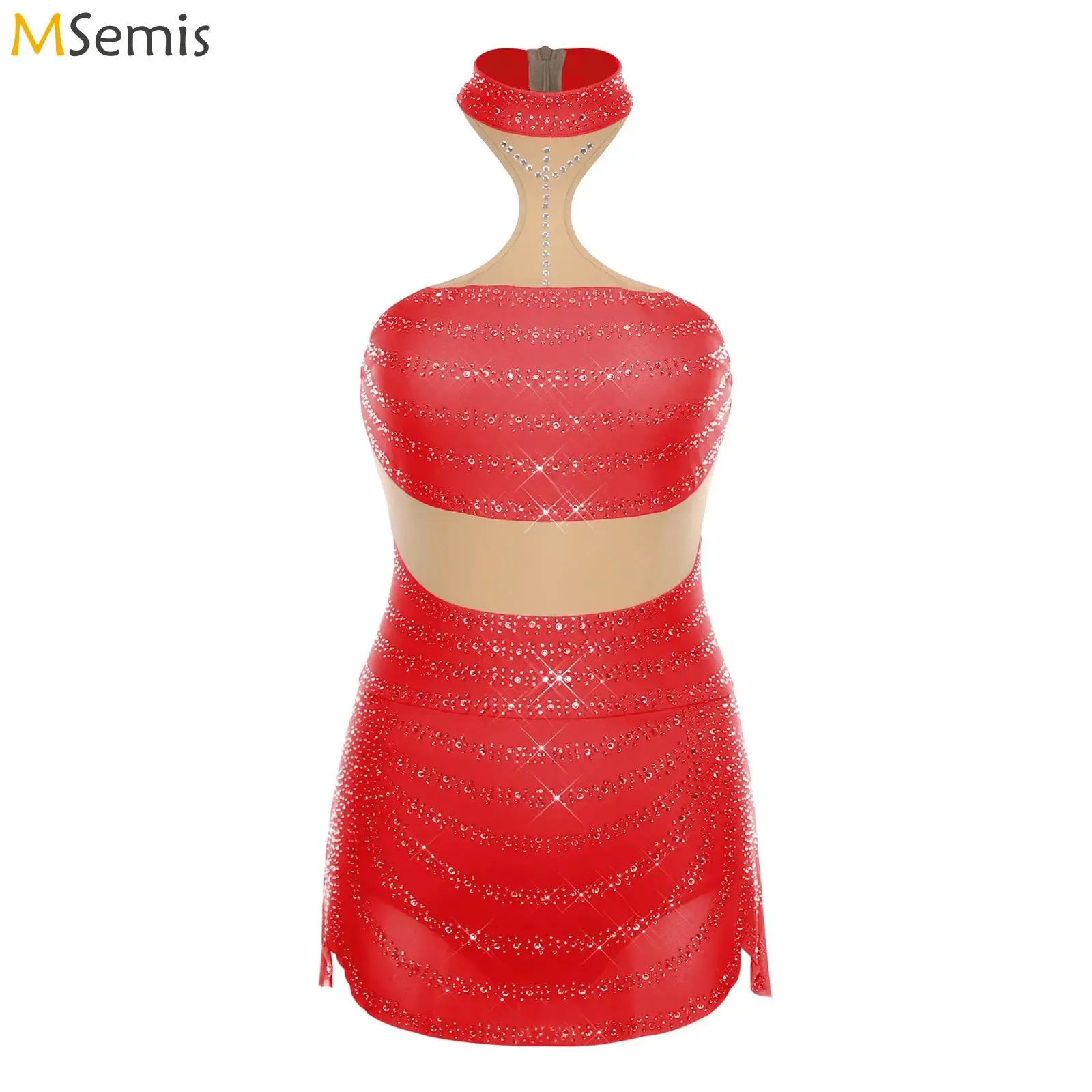

Womens Ballet Dance Rhinestone Leotard Dress Halter Sleeveless Irregular Hem Dress Latin Cha-cha Rumba Dance Performance Costume