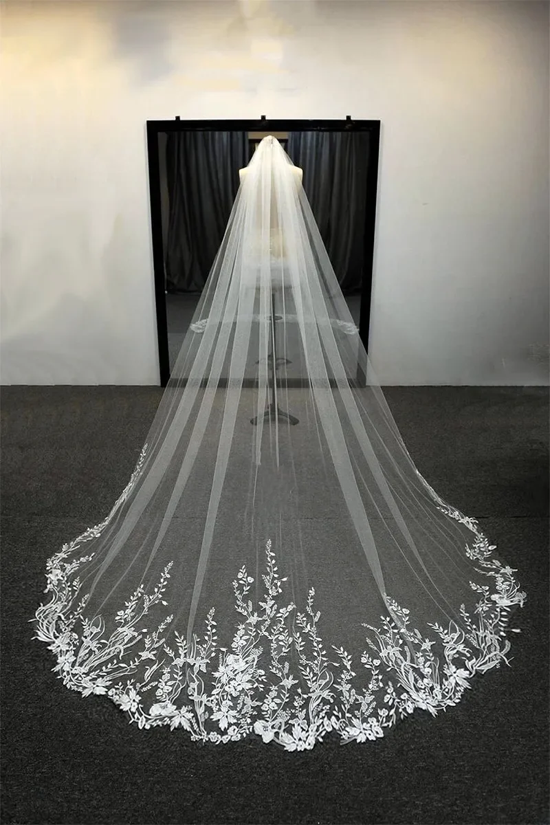 

Sparkling white, ivory - color, long bridal veil, wedding veil, lace decal, soft mesh, soft mesh, cathedral veil,