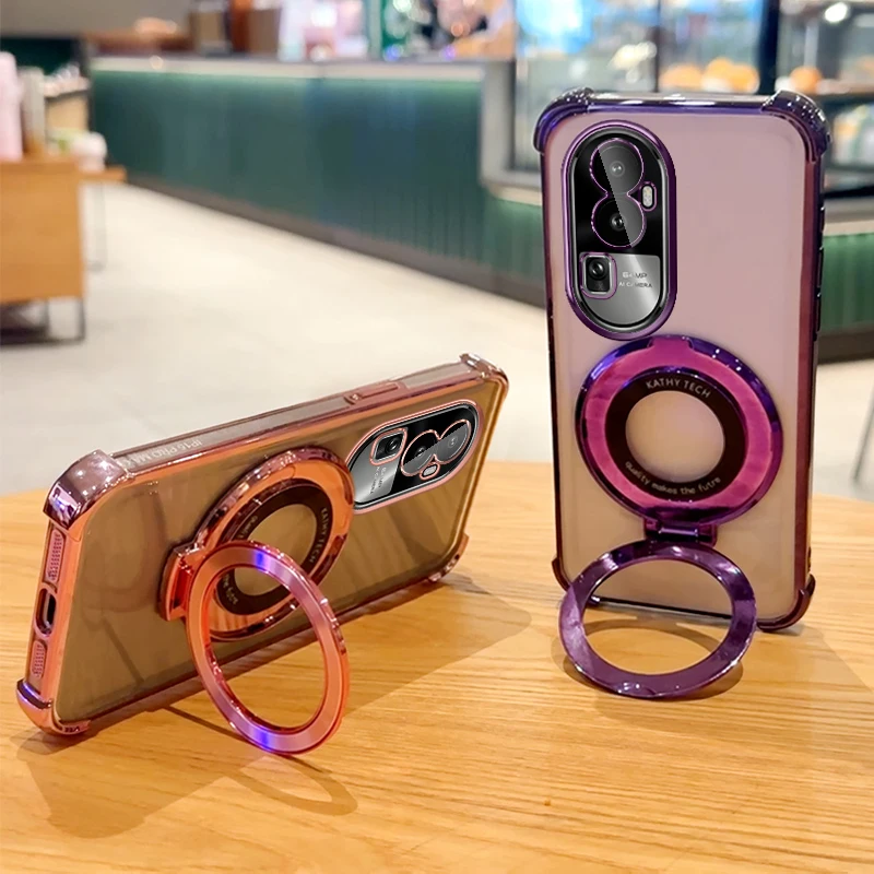 Clear Shockproof Transparent Plating Magsafe Magnetic Stand Holder Case For OPPO Reno 10 11 12 Pro Cover