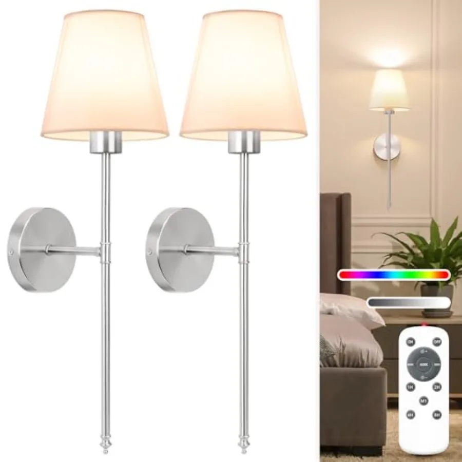 

Battery Operated Wall Sconce Set of 2, Rechargeable Wall Lights with 5200mAh Dimmable Detachable Bulbs and Remote, 10 Colors Wi