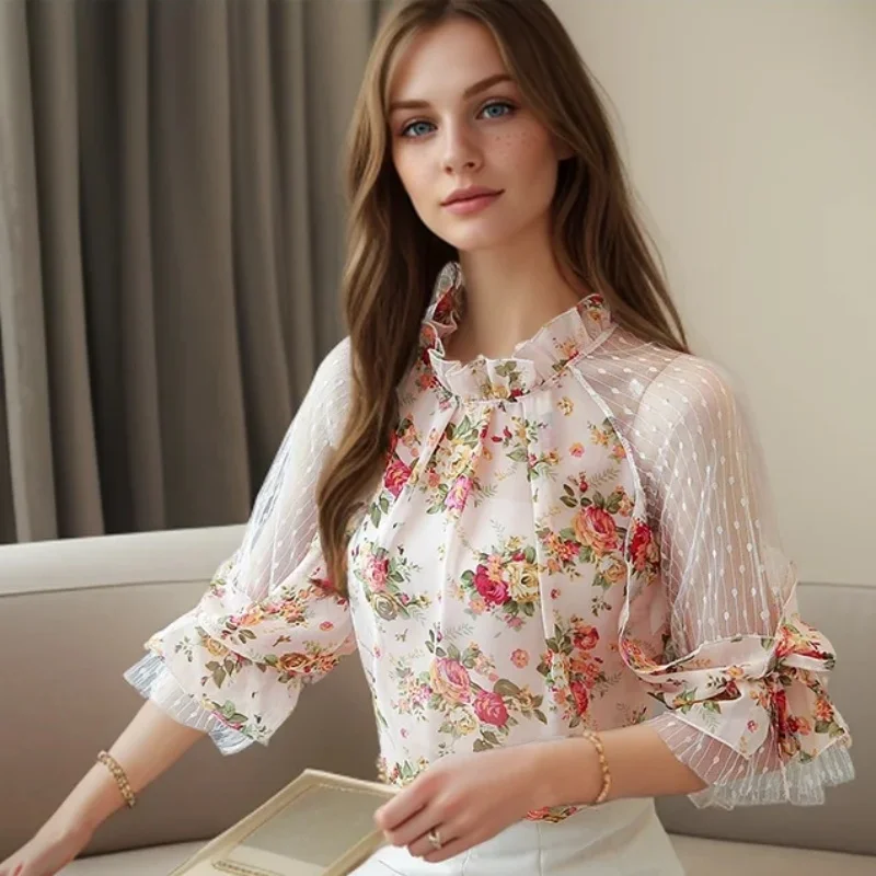 New Summer Chiffon Women Blouse Office Lady Elegant Floral Print Tops Fashion Short Sleeve Shirt Lace Mesh Clothes