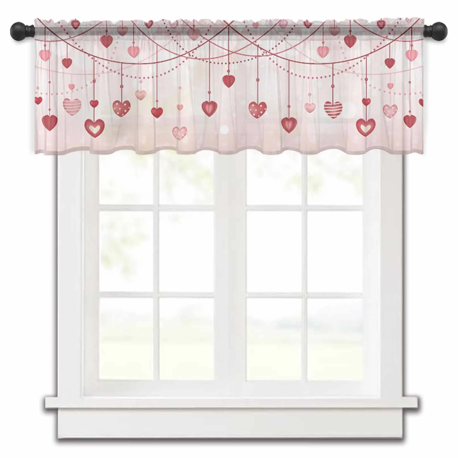 Valentine'S Day Love And Romance Small Window Curtain Tulle Sheer Short Curtain Bedroom Living Room Home Decor Voile Drapes