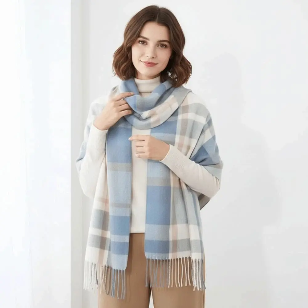 

Soft Classic Plaid Scarf Cold-proof Korean Style Knitted Wool Scarf Polyester Contrast Color Long Neckscarf with Tassel Winter