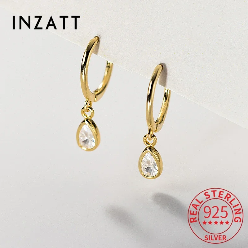 

INZATT Real 925 Sterling Silver Zircon Water Drop 18K Gold Huggies Hoop Earrings For Fashion Women Fine Cute Minimalist Bijoux