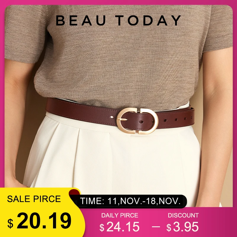 BEAUTODAY Belt Women Genuine Cow Leather Metal Oval Buckle Retro Simple Solid Ladies Jeans Dress Waistband Handmade 91012