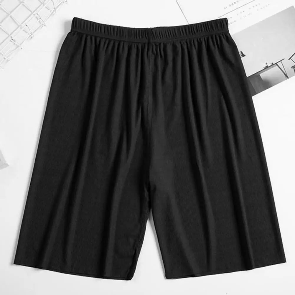 Mid-rise Elastic Waistband Men Pajama Shorts Ribbed Colorfast Breathable Wide Leg Male Ice Silk Pants Beach Boardshorts Homewear