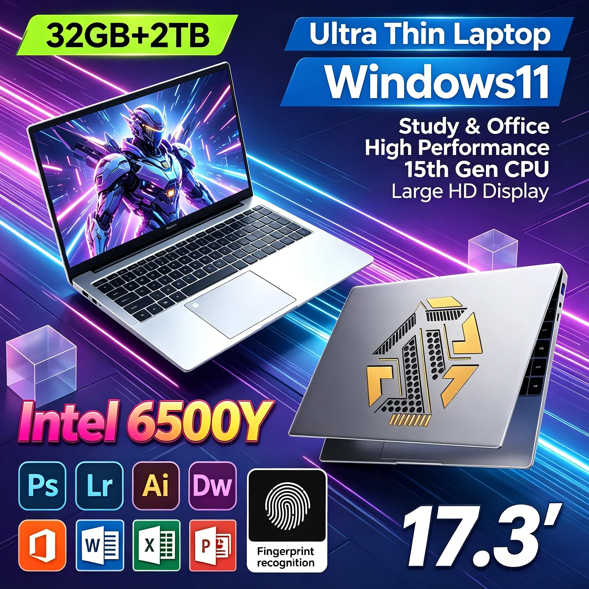 17.3 Inch Big HD Portable Laptop Intel 6500Y 32GB RAM 1TB Or 2TB SSD Windows 11 WiFi6 BT5.2 Daily Office Study Notebook Computer
