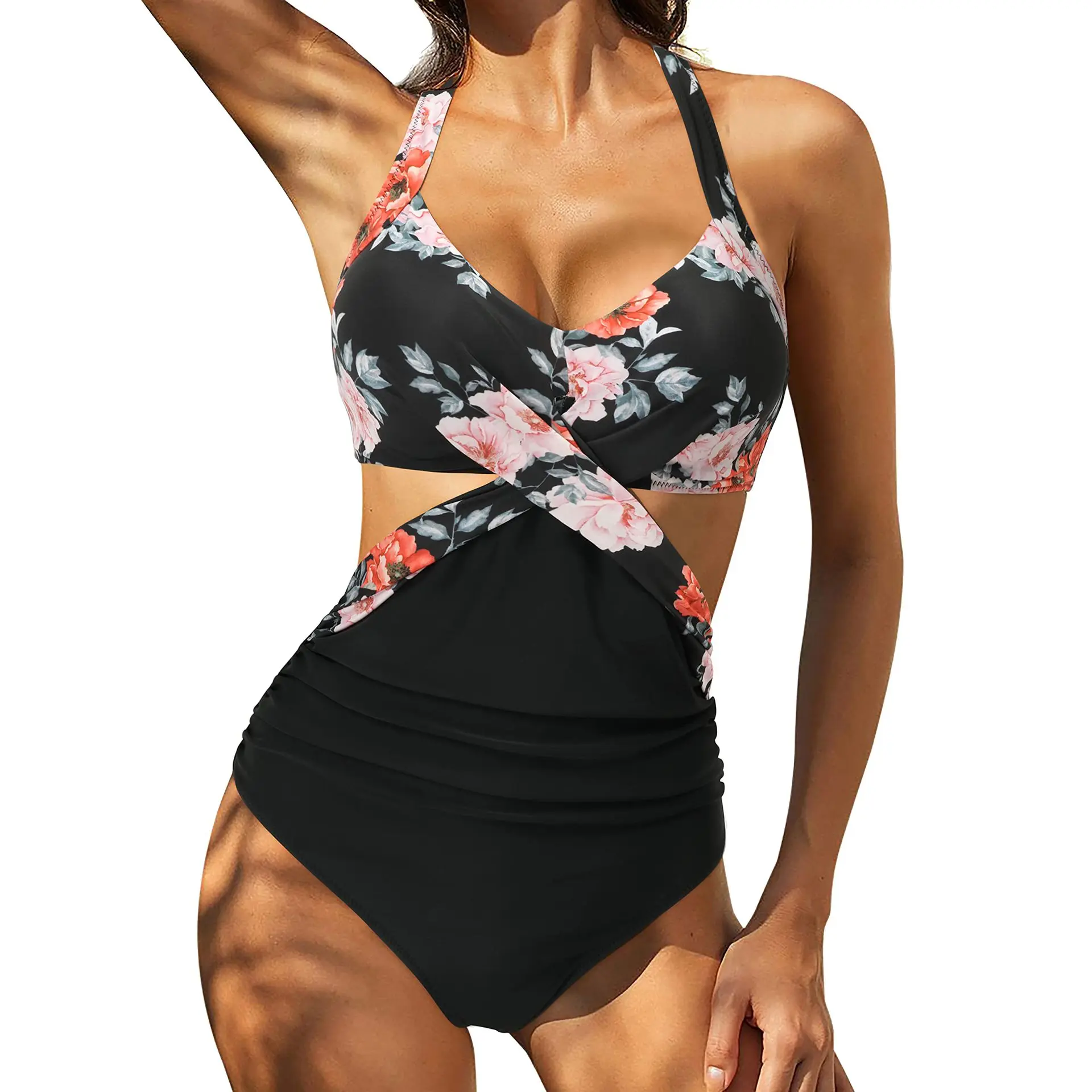 2025 Floral Print One Piece Swimsuit Women Swimwear Sexy Padded Swimming Suit Korean Bodysuit Beach Wear Cut Out Bathing Suit image 2